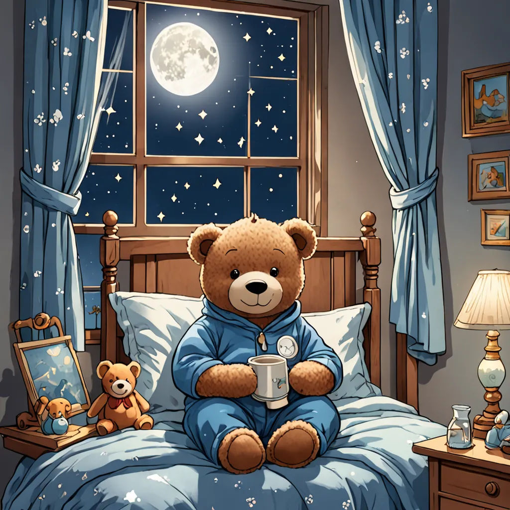 a teddy bear sitting on a bed with a cup of coffee in front of a window with stars and a full moon, space art, a storybook illustration, Chris LaBrooy, storybook illustration