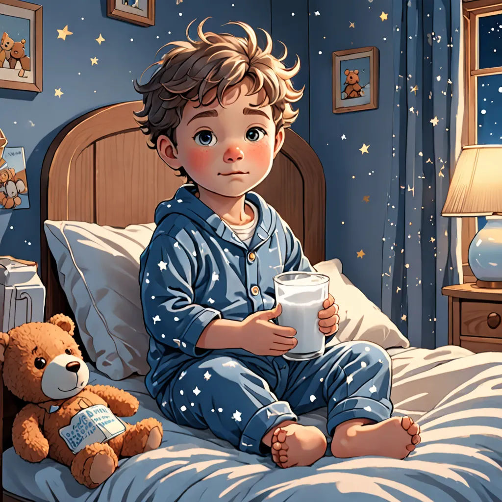 a boy sitting on a bed with a teddy bear and a glass of milk in his hand and a teddy bear sitting on the bed, space art, a storybook illustration, Diego Gisbert Llorens, storybook illustration