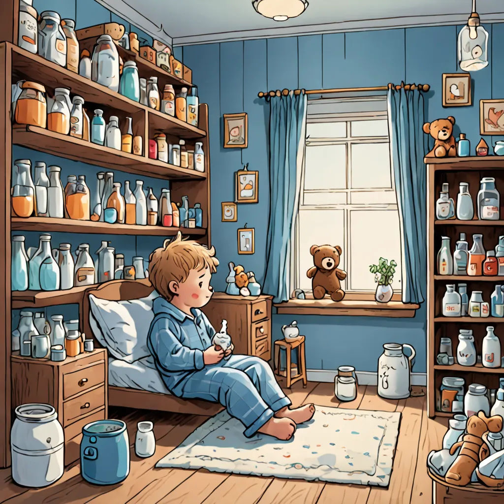 a boy sitting in a room with a teddy bear and a lot of bottles on the shelves and a teddy bear on the floor, visual art, a storybook illustration, Diego Gisbert Llorens, storybook illustration