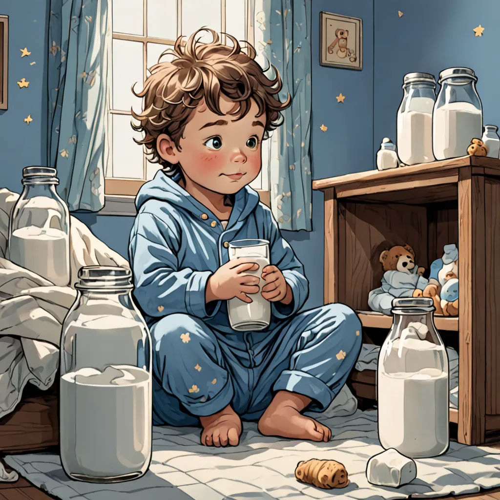 a little boy sitting on the floor with milk and milk bottles in front of him and a teddy bear, photorealism, a storybook illustration, Anthony Palumbo, rossdraws global illumination