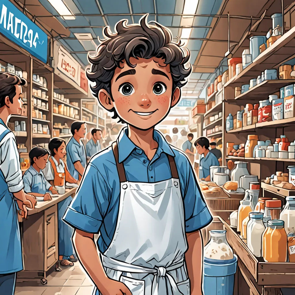 a cartoon of a man in a store with a apron on and a man in the background with a bottle of milk, process art, a storybook illustration, Eddie Mendoza, comic cover art