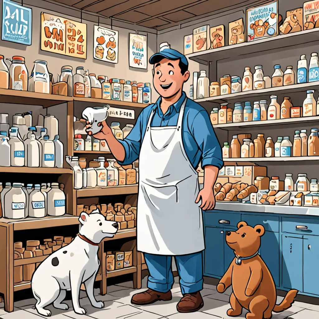 a man in a store with a dog and a dog sitting in front of him and a dog looking at him, lyco art, a storybook illustration, Chris Ware, storybook illustration
