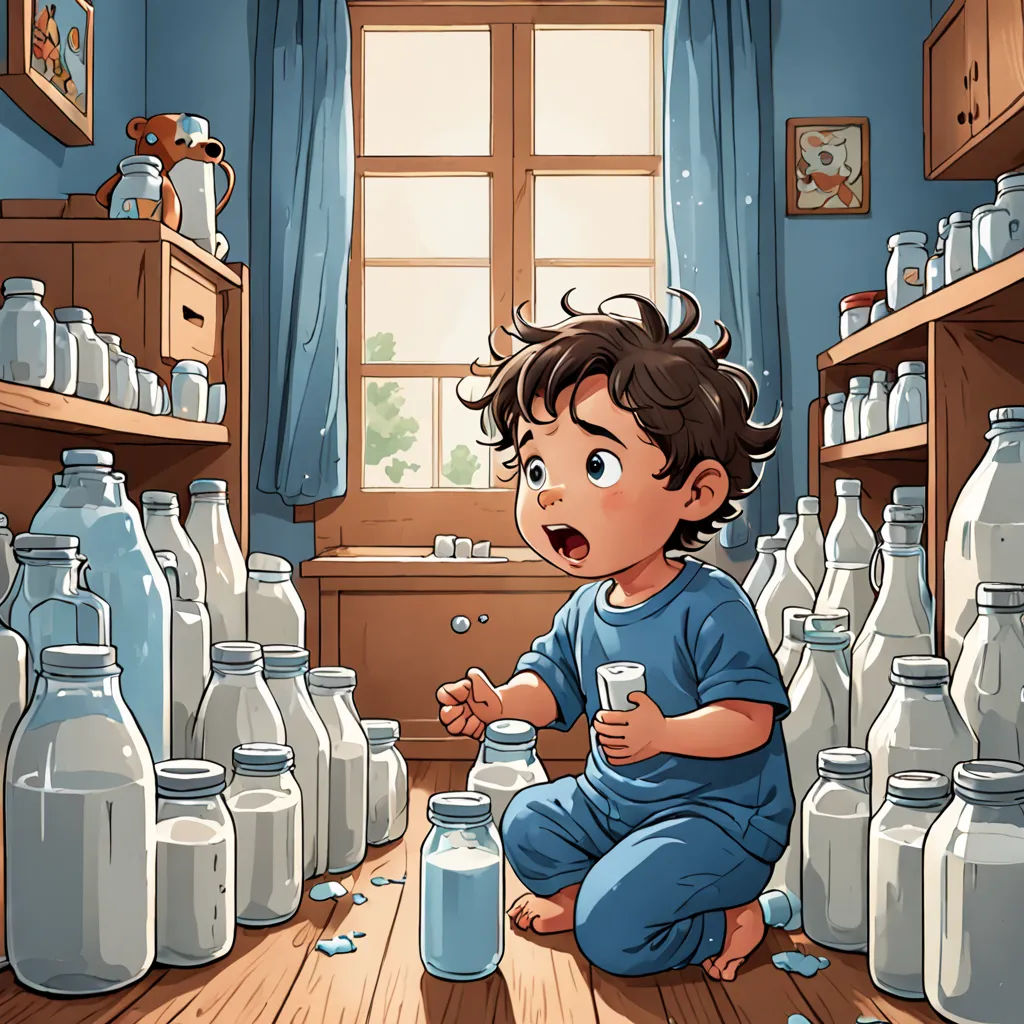 a kid is sitting on the floor in front of a bunch of milk bottles and a window with a cat, lyco art, a storybook illustration, Diego Gisbert Llorens, storybook illustration