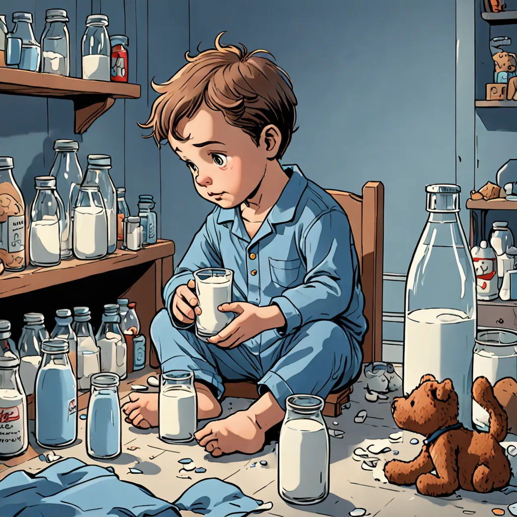 a boy sitting on the floor with a glass of milk in front of him and a teddy bear nearby, photorealism, a storybook illustration, Anthony Palumbo, storybook illustration