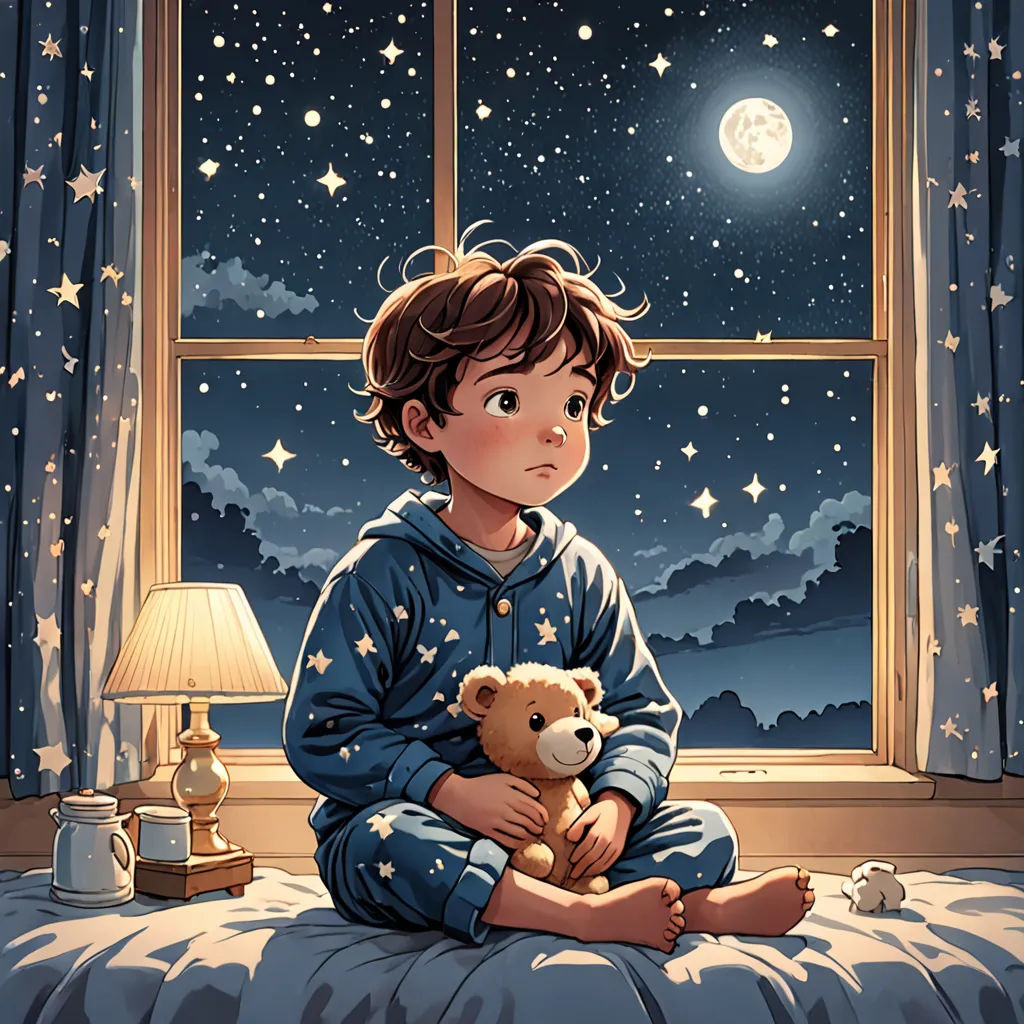 a boy sitting on a bed holding a teddy bear in front of a window with stars and a night sky, space art, a storybook illustration, Diego Gisbert Llorens, night sky