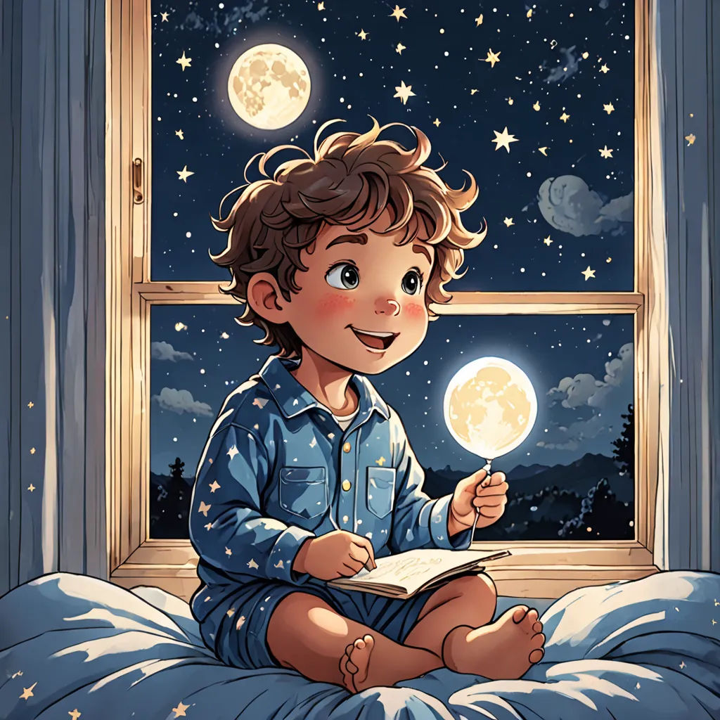 a boy sitting on a bed reading a book and looking out the window at the moon and stars outside, space art, a storybook illustration, Arthur Pan, storybook illustration