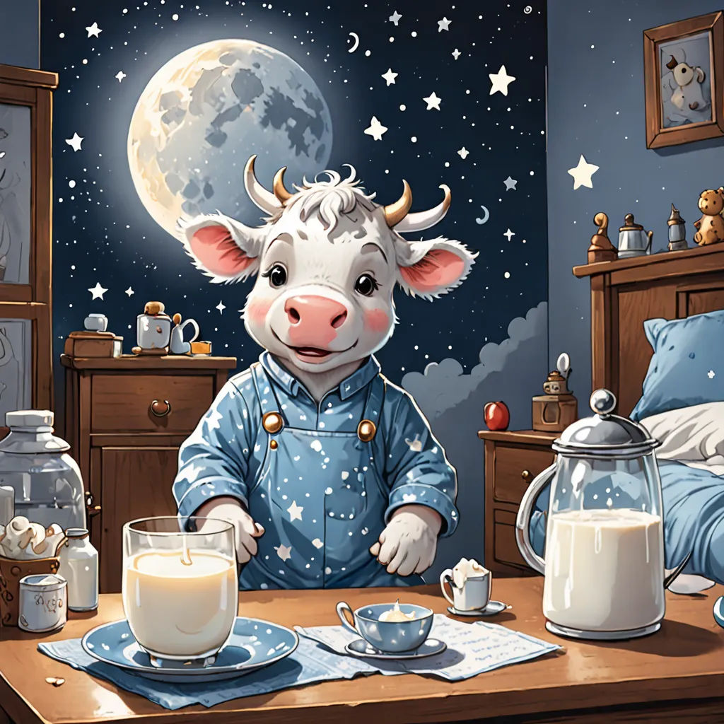 a cow is sitting at a table with a glass of milk and a jug of milk in front of it, pop surrealism, a storybook illustration, Chris LaBrooy, storybook illustration