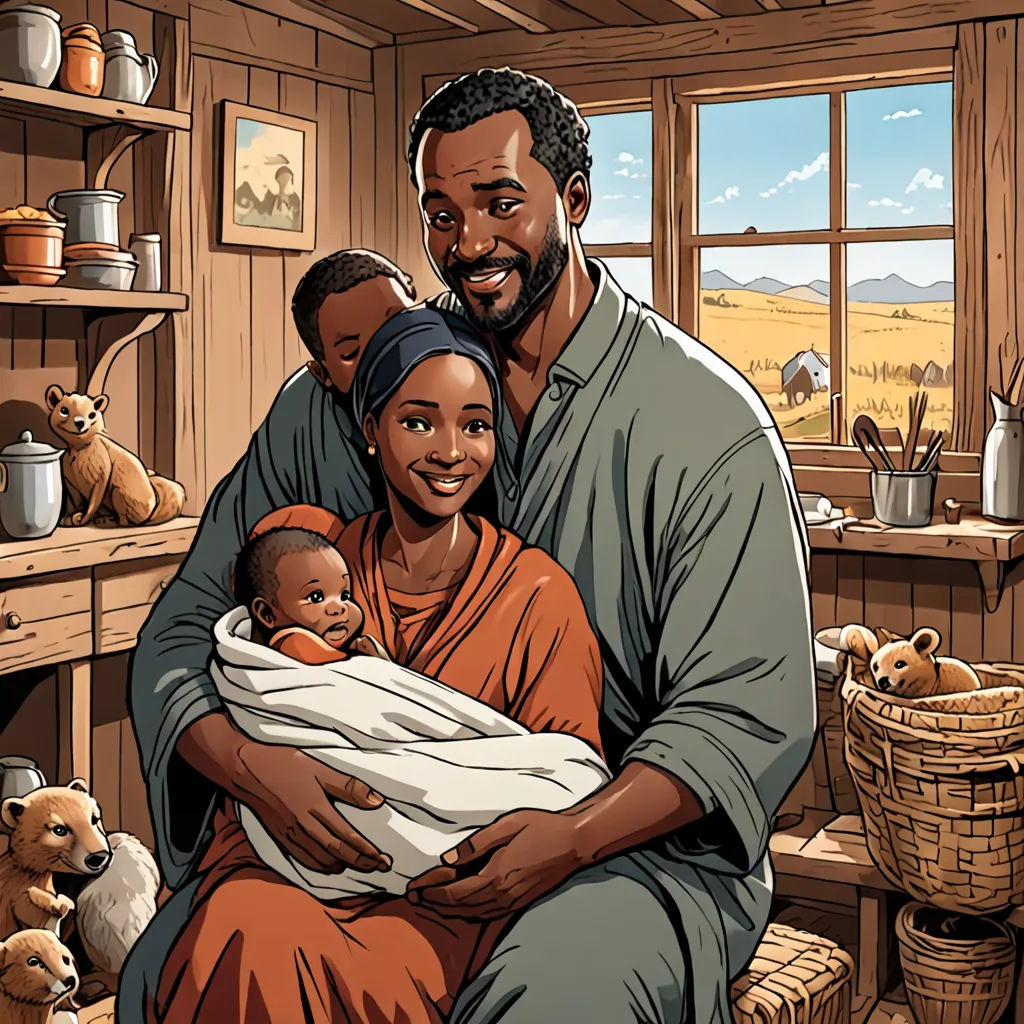 a man and woman holding a baby in a room full of teddy bears and other items on the shelves, afrofuturism, a storybook illustration, Anne Said, comic cover art