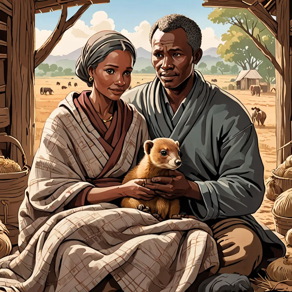 a painting of a man and woman holding a dog in a barn with animals in the background and a man in a blanket holding a dog, american scene painting, a storybook illustration, Anne Said, official art