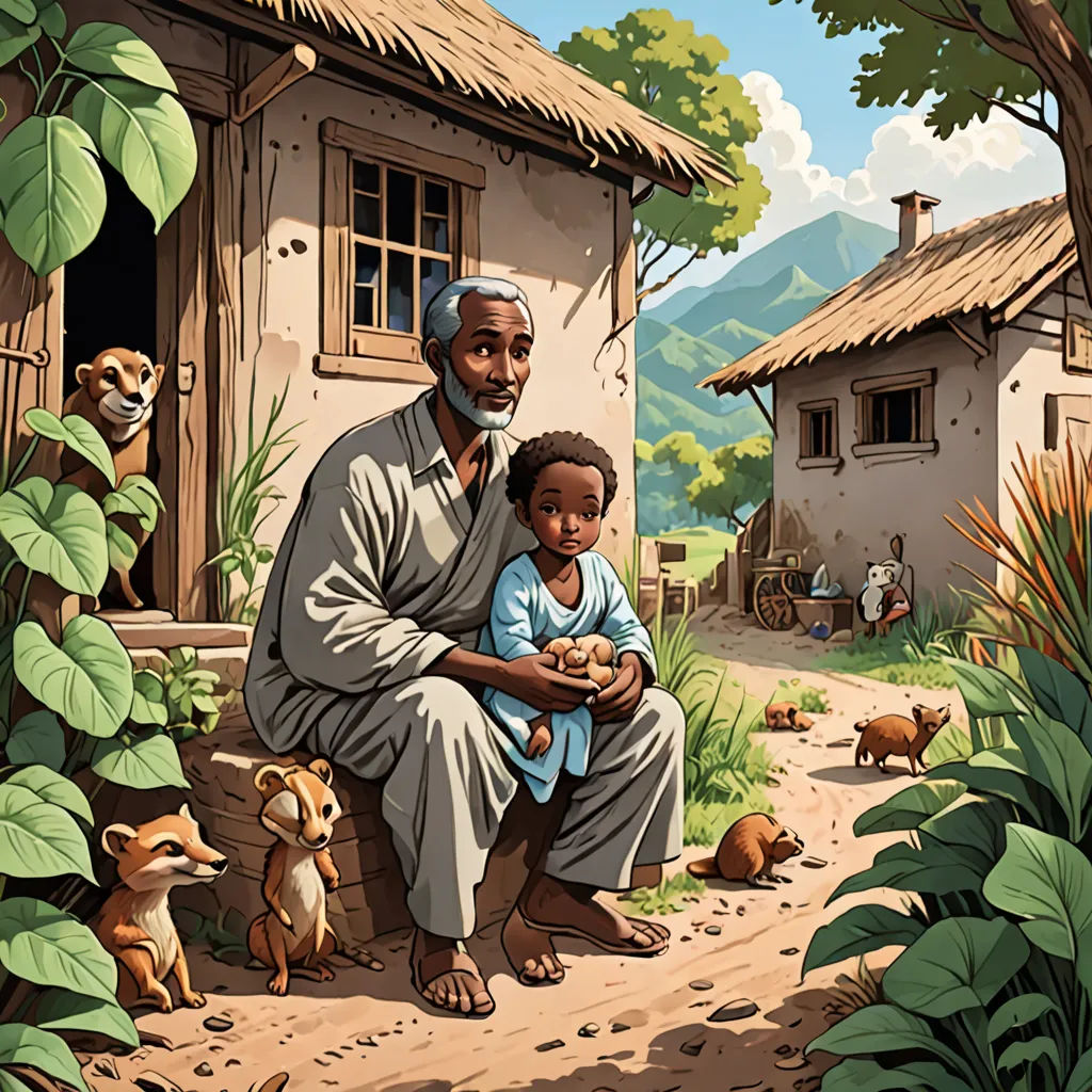 a man and a child are sitting outside a small house with animals around them and a dog is standing in front of them, context art, a storybook illustration, Asaf Hanuka, storybook illustration