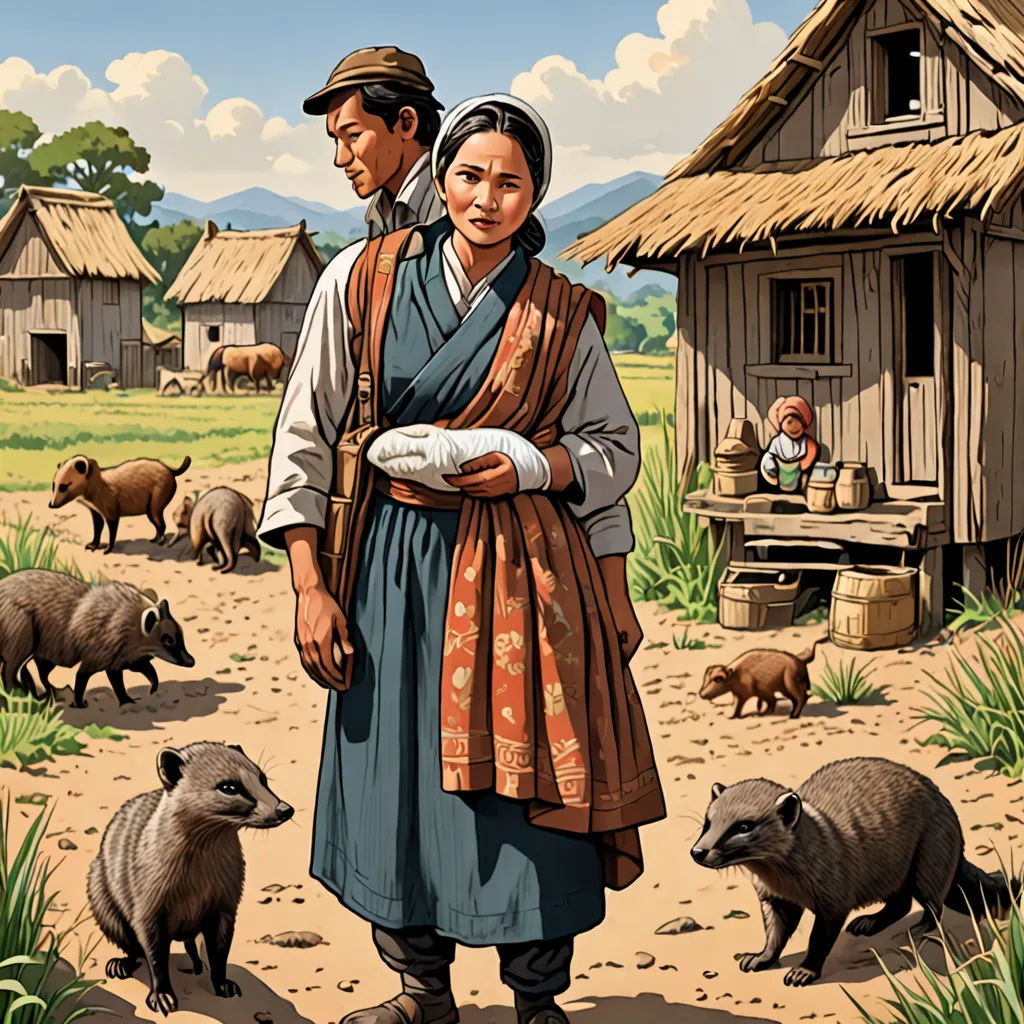 a man and woman standing in front of a farm with animals and a hut in the background with a woman holding a baby, primitivism, a storybook illustration, Byeon Sang-byeok, high detail illustration