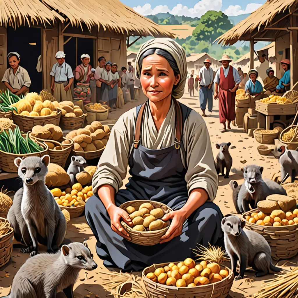 a painting of a woman selling food to animals and people in a village with straw huts and straw roofed huts, primitivism, a storybook illustration, Choi Buk, highly detailed digital painting