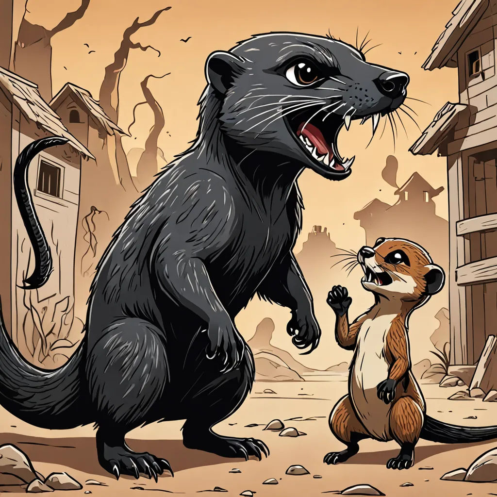 a cartoon of a small animal and a big animal standing next to each other in a dirty area with a house in the background, underground comix, a storybook illustration, Chris LaBrooy, storybook illustration