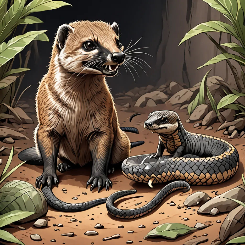 a couple of animals that are in the dirt together on a field of rocks and plants with leaves around them, cobra, an illustration of, Chris LaBrooy, illustration