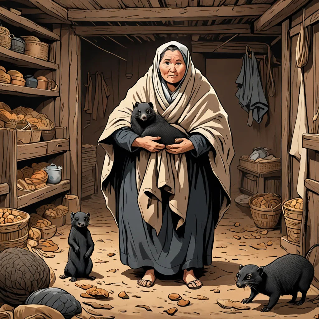 a woman holding a black cat in a room with other animals and breads on the shelves and shelves, primitivism, a storybook illustration, Beatrix Potter, storybook illustration