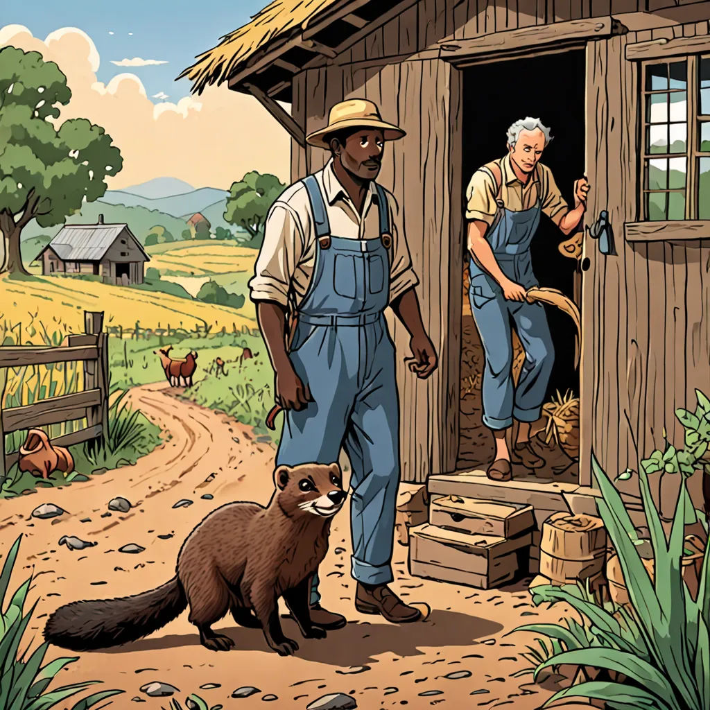 a man standing next to a brown animal near a barn with a man in a straw hat and overalls, american scene painting, a storybook illustration, Chris LaBrooy, storybook illustration