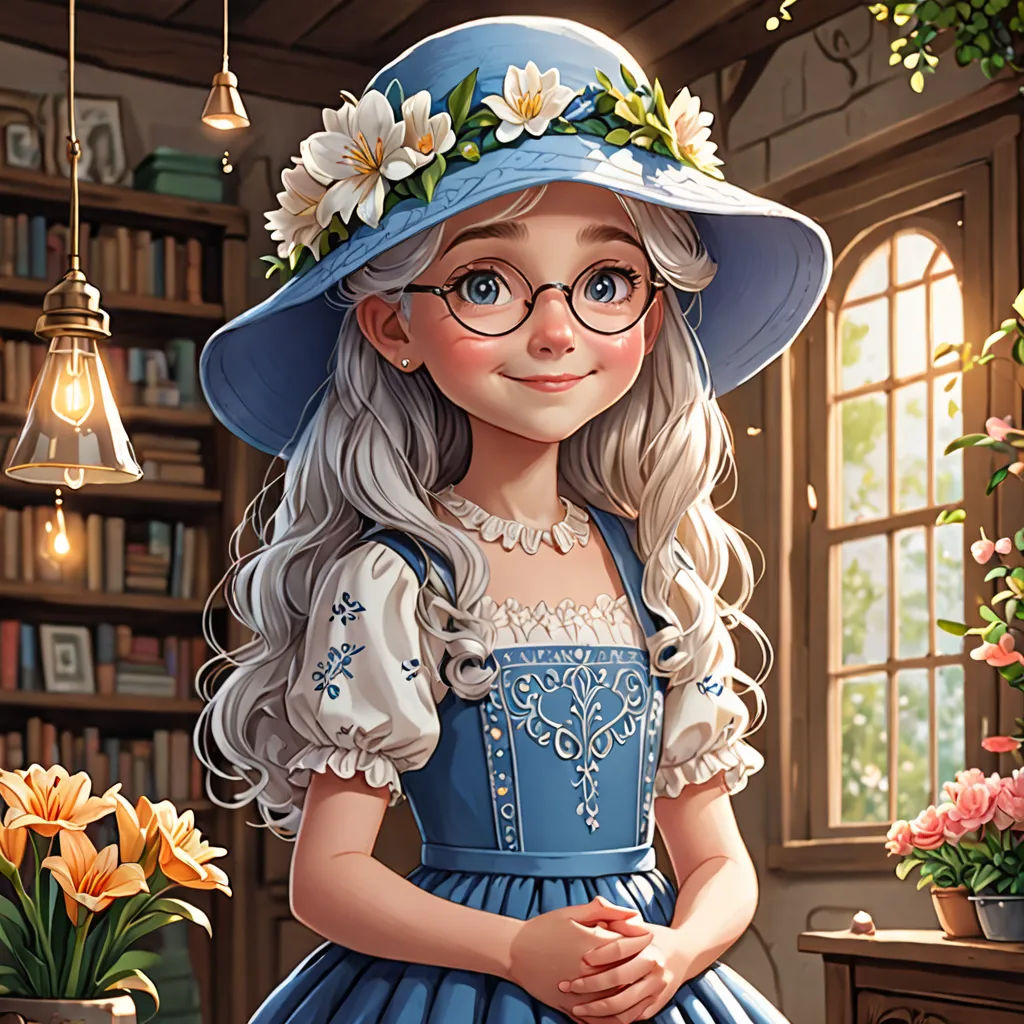 a painting of a girl in a blue dress and hat with flowers on her head and a vase of flowers in front of her, fantasy art, a storybook illustration, Anne Said, storybook illustration