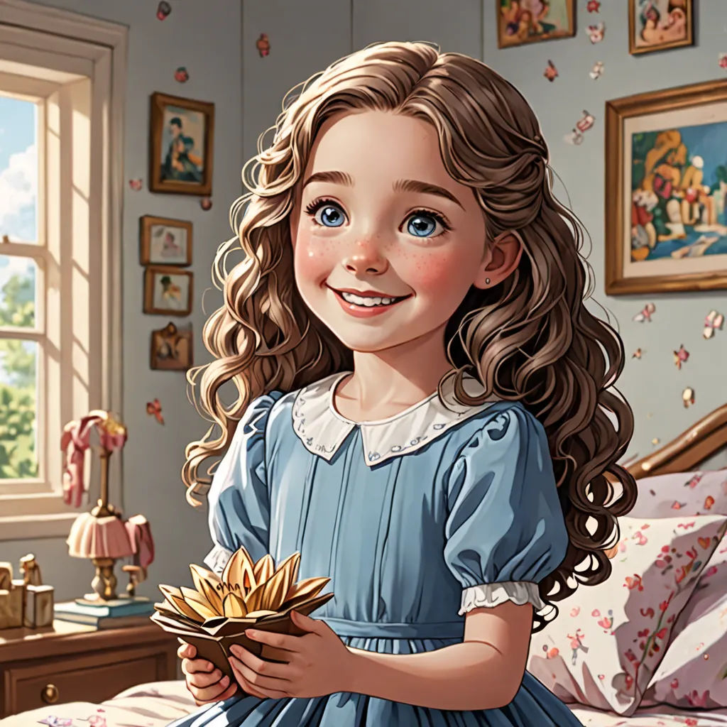 a painting of a girl in a blue dress holding a flower in her hand and smiling at the camera, american scene painting, a storybook illustration, Brad Kunkle, official art