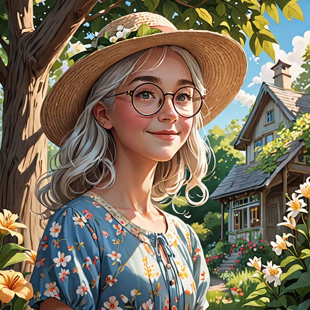 a painting of a woman wearing a hat and glasses standing in front of a tree and flowers with a house in the background, american scene painting, a character portrait, Bob Byerley, highly detailed digital painting