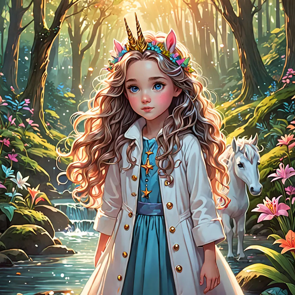 a painting of a girl in a forest with a unicorn in her hand and a stream running through the woods, fantasy art, a storybook illustration, Anna Dittmann, kinkade