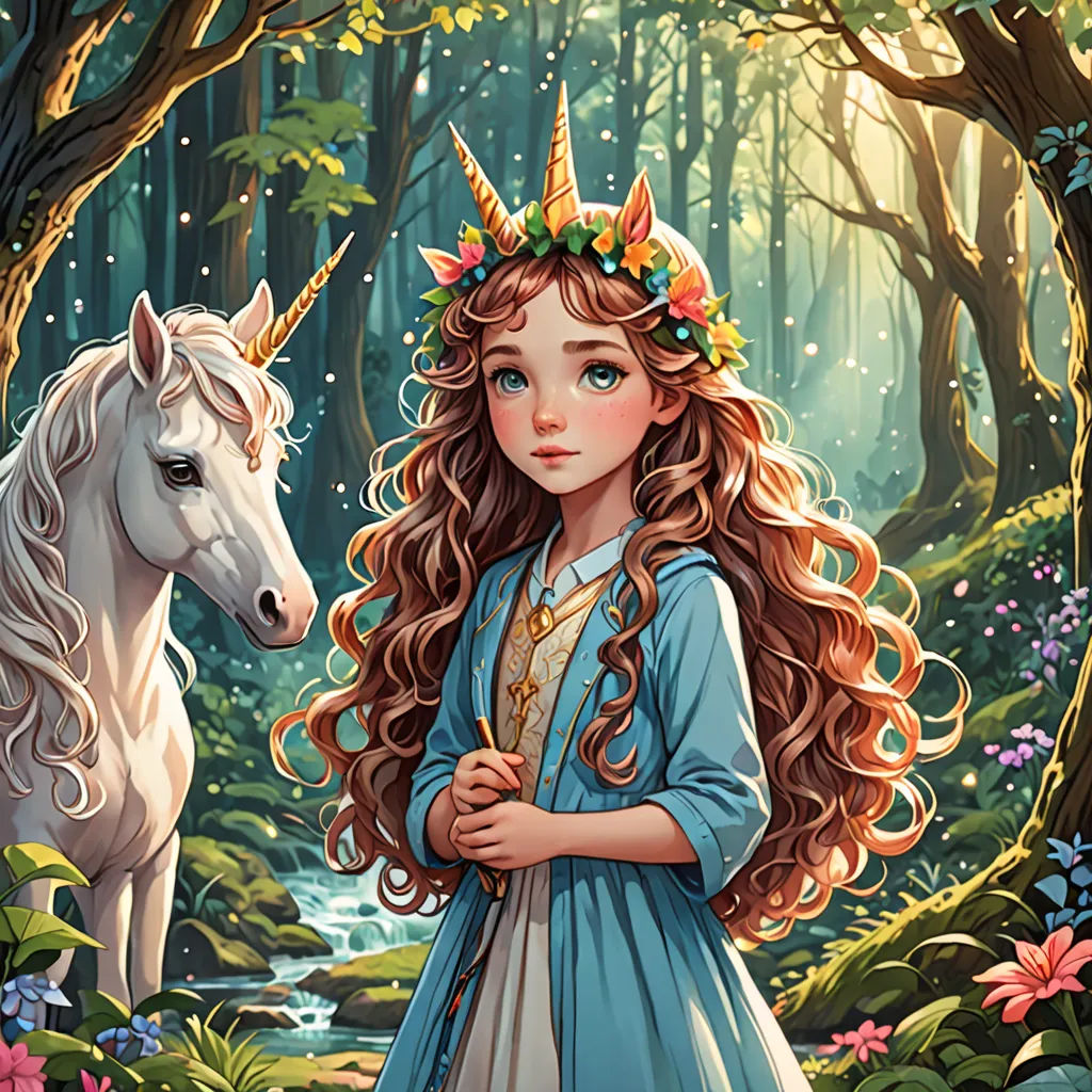 a girl with long hair and a unicorn in a forest with flowers and trees, standing next to her, fantasy art, a storybook illustration, Anna Dittmann, storybook illustration