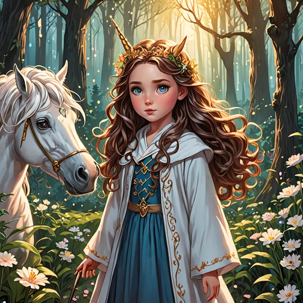 a girl in a blue dress standing next to a white horse in a forest with flowers and trees in the background, fantasy art, a storybook illustration, Anne Stokes, rossdraws global illumination