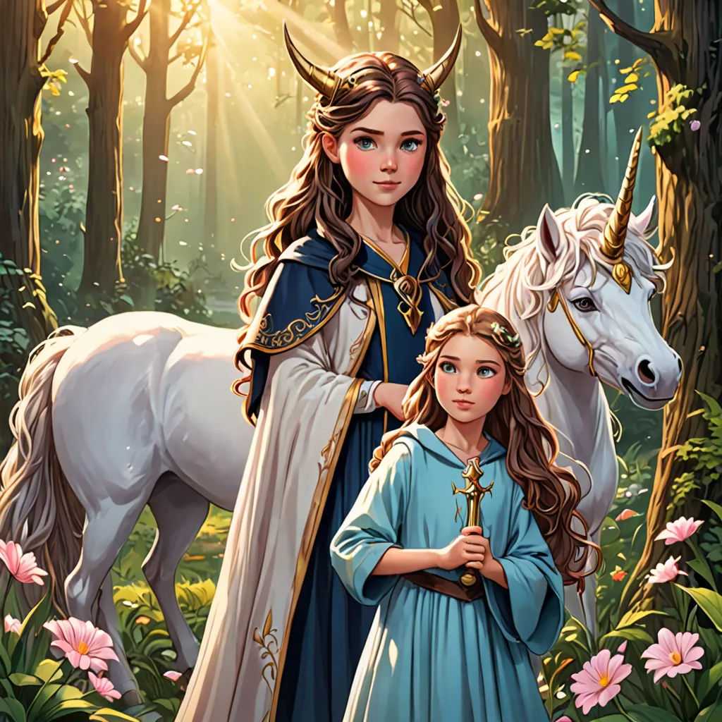 a painting of a girl and a unicorn in a forest with flowers and trees in the background, with the sun shining through the trees, fantasy art, a storybook illustration, Anne Stokes, fantasy illustration