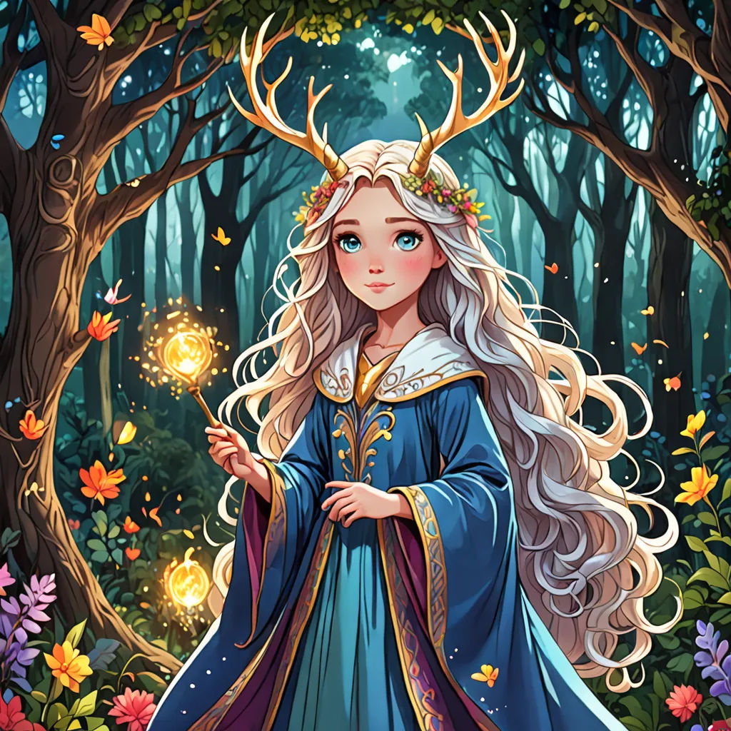 a girl in a blue dress holding a light in a forest with flowers and trees around her, with a deer's head on her head, fantasy art, a storybook illustration, Anna Dittmann, trending on art station
