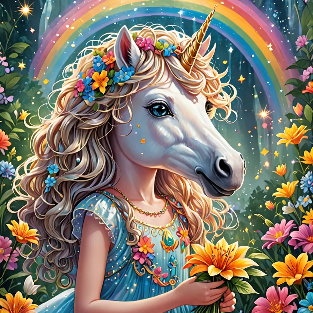 a painting of a unicorn with a rainbow in the background and flowers around it, with a rainbow in the background, pop surrealism, a character portrait, Anne Stokes, highly detailed digital art