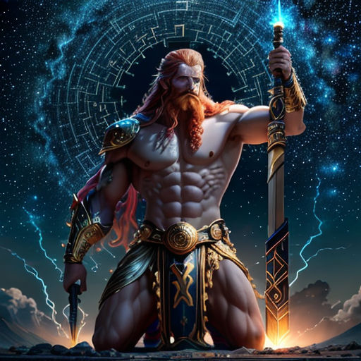 a man with a sword and a body in the sky with lightnings behind him and a zodiac sign above him