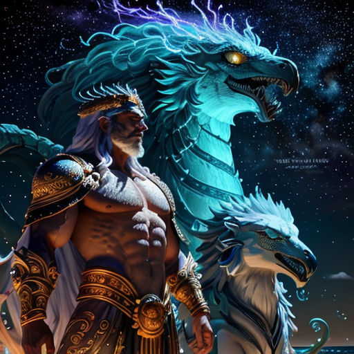 a man standing next to a dragon on a beach at night with stars in the sky behind him and a blue dragon on the right side