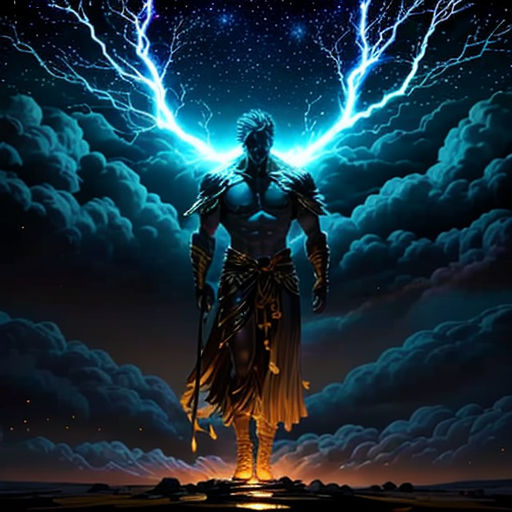 a man standing in the middle of a field with lightning in the sky above him and a lightning bolt in the sky above him