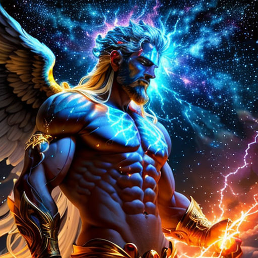a man with a large body and wings on his chest, holding a sword in his hand, with lightning in the background
