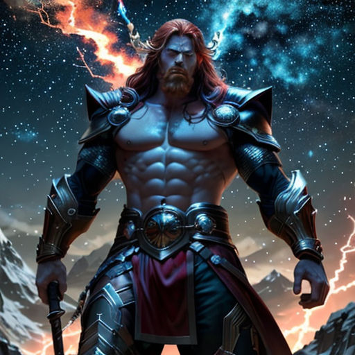 a man with a beard and a sword in his hand standing in front of a mountain with lightning in the sky
