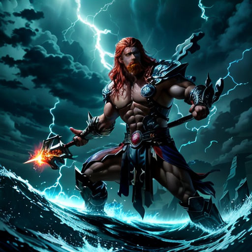 a man with a sword in his hand standing on a wave in the ocean with lightning behind him and lightning behind him