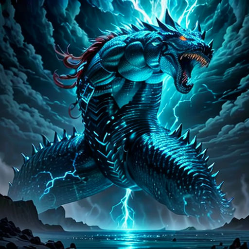 a godzilla is in the middle of a storm with lightning in the background and a lightning bolt in the sky