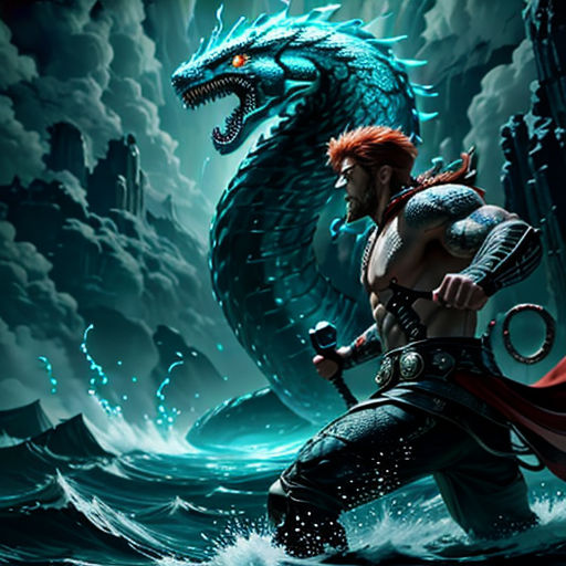 a man in a costume with a sword and a dragon on his back, in front of a city