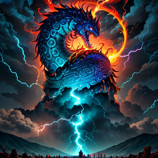 a dragon is sitting on top of a mountain with lightning in the sky above it and a castle in the background