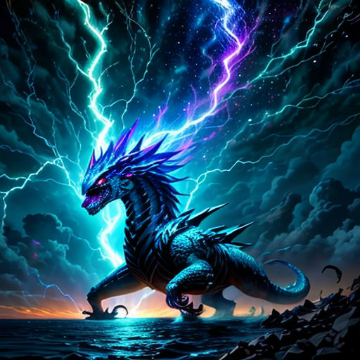 a dragon with lightning in the background and a dark sky with clouds and lightnings behind it, with a bright blue and purple hue