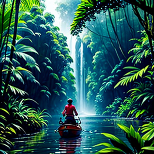 a man in a boat in a jungle with a waterfall in the background and a man in a red shirt in the foreground