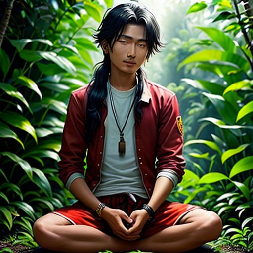 a man sitting in a forest with his hands in his pockets and a necklace on his neck, with a green background