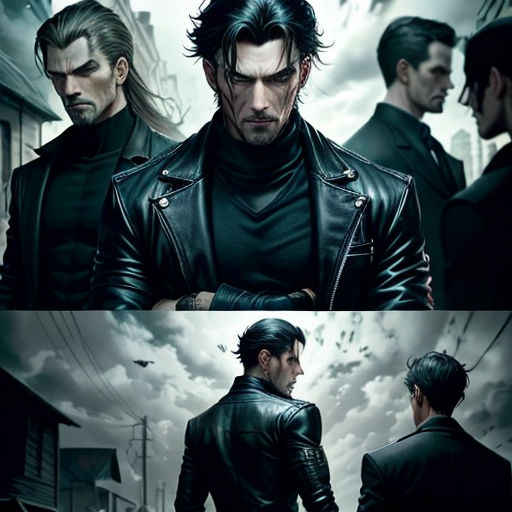 two men in black leather jackets standing next to each other in front of a cloudy sky and a building