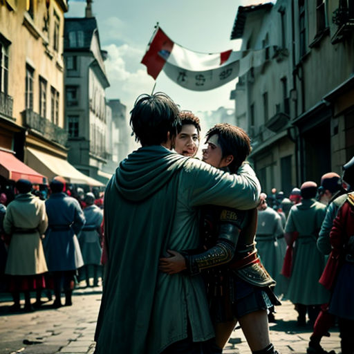 a man and woman hug in a street with a crowd of people in the background in a historical setting