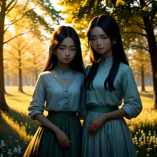 two women standing next to each other in a forest with trees and grass in the background, both wearing green dresses