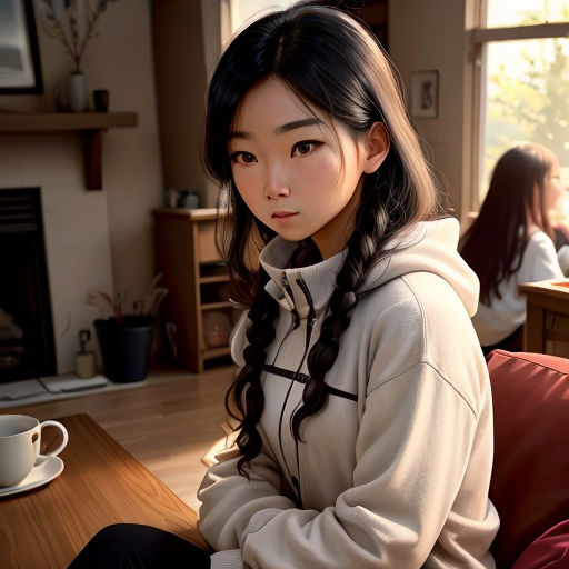a woman sitting on a couch in a living room next to a window with a cup of coffee on it