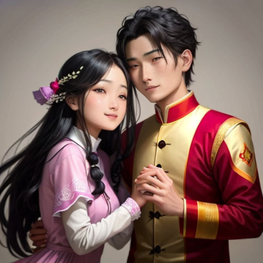 a couple in traditional chinese clothing posing for a picture together, with long hair and a pink dress, and a gold and red uniform
