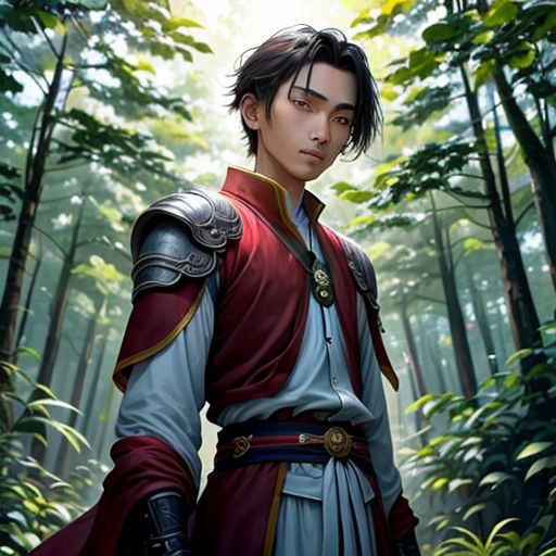 a man in a red and white outfit standing in the woods with trees behind him and a sword in his hand