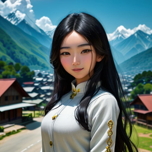 a woman in a white dress standing in front of a mountain range with a village in the background and a mountain range in the background