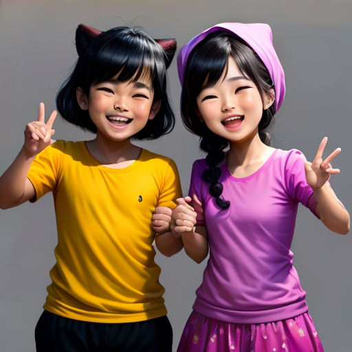 two young girls are posing for a picture together with their hands up and their ears up, with one girl smiling and the other girl smiling