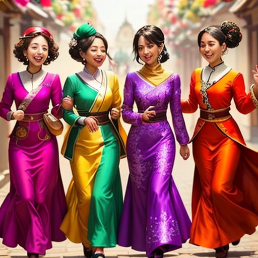 a group of women in colorful dresses walking down a street together with a woman in a green dress and a woman in a red dress
